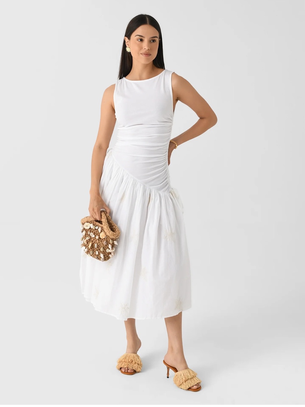 White Sleeveless Ruched Midi Dress - Brand: